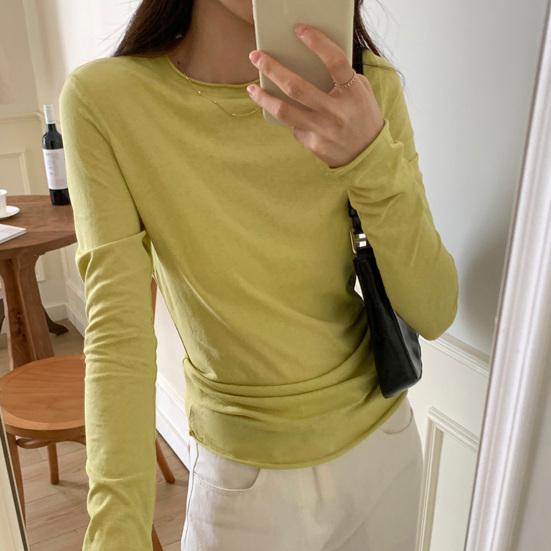 Women T-shirt Round Neck Long Sleeve Slim Fit Solid Color Tops Soft Stretchy Tee Shirt Work Party Casual Wear