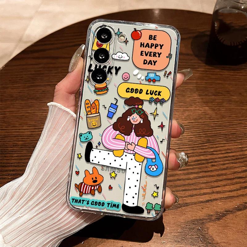 Cute Cartoon Sticker Collage Clear TPU Phone Case For IPhone 15 Pro Max & Samsung Galaxy S24 Ultra, Shockproof Cover