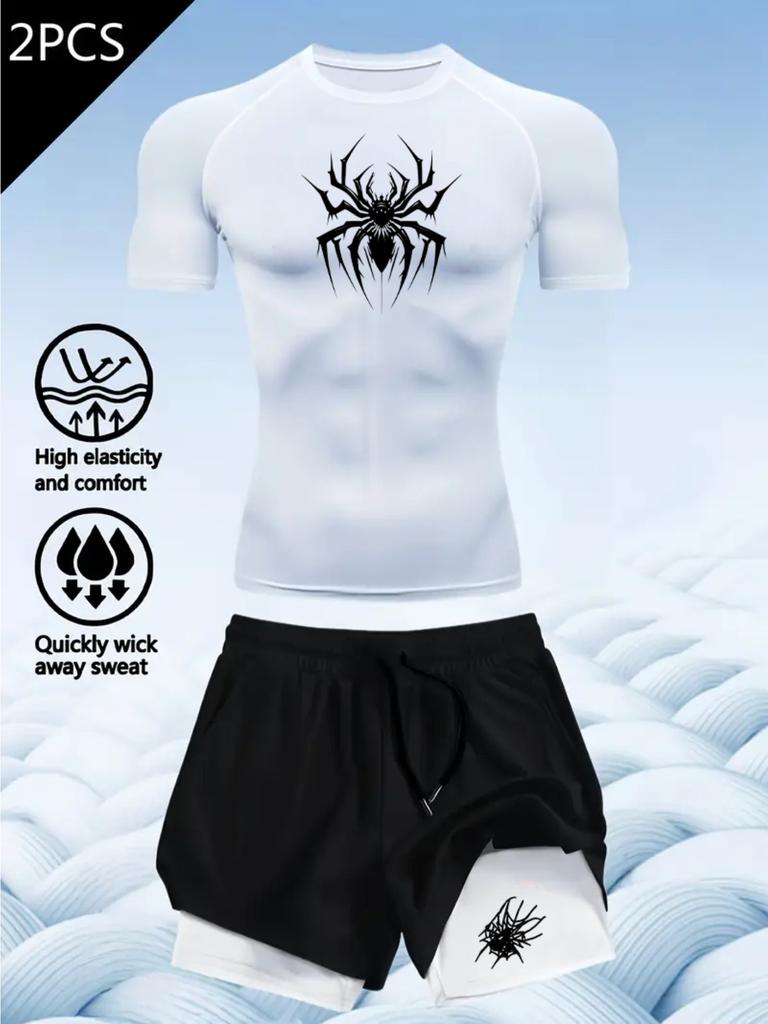 2D printed T-shirt men's summer two-piece sportswear running T-shirt elastic quick-drying sports top sports fitness shirt men's