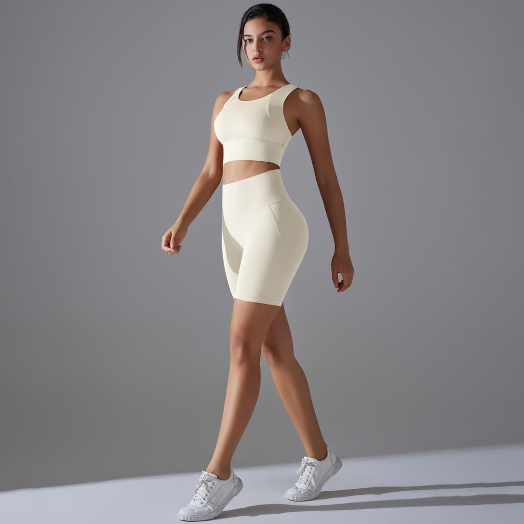 Nessaj Women Fitness Workout Clothes Solid Colour Sportswear Sleveless Vest Knit Biker Shorts Yoga Set