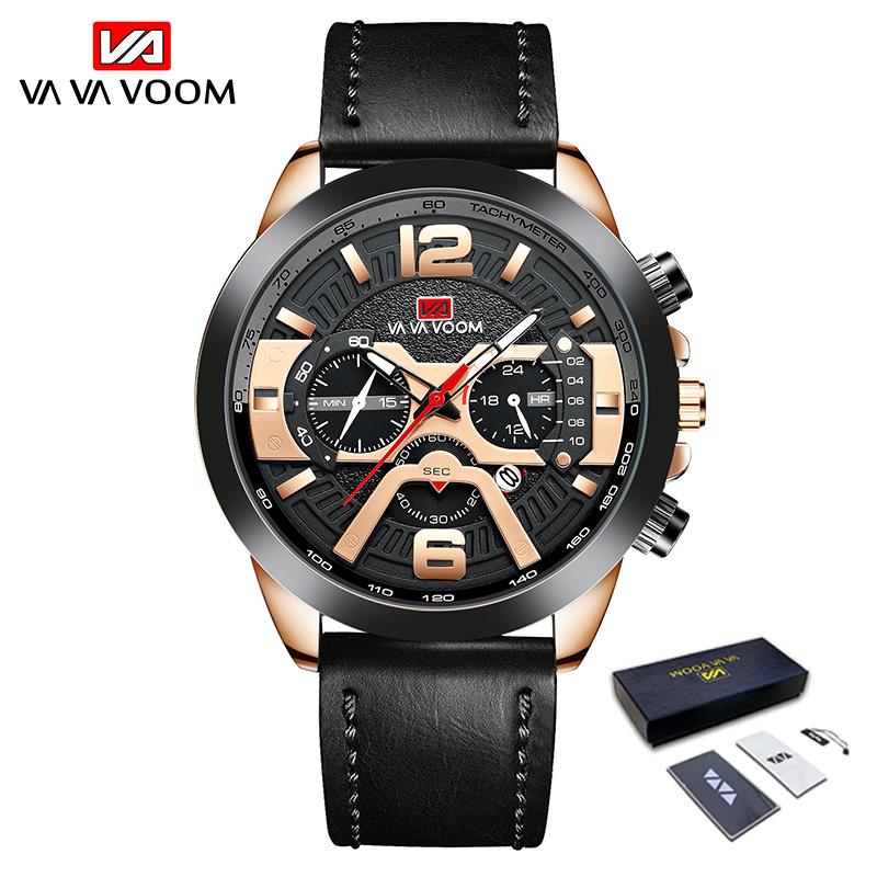 VA VA VOOM Повседневные спортивные кварцевые часы для мужчин, синие лучшие бренды, роскошные военные кожаные наручные часы, мужские часы, модные наручные часы с хронографом