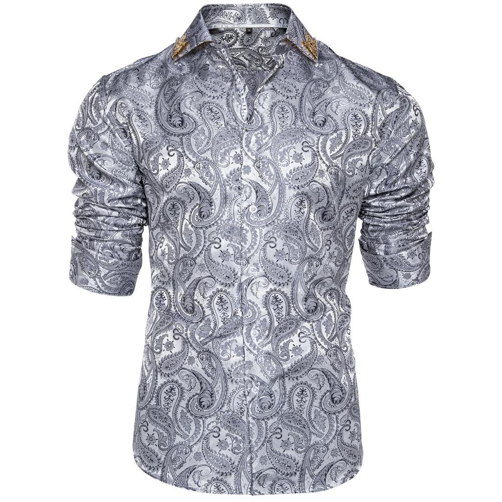 Mens Long Sleeve Shirt Black Design Casual Shirt Silk Paisley Shirt Collar Pin Luxury Mens Fashion