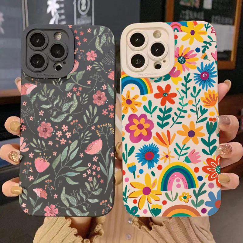 Fresh Rainbow Floral Art Print Phone Case for iPhone 17 16 15 14 13 12 11 Series Pro Max Plus Double Layer Protection