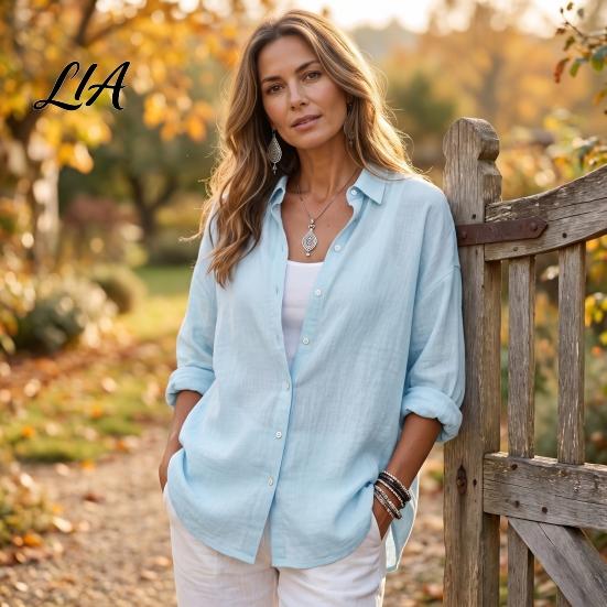 Comfortable Basic Shirts Women Casual Button Front Shirt, Long Sleeve Turndown Collar Blouse, Dropped Shoulder Solid Color Drop Fall Top
