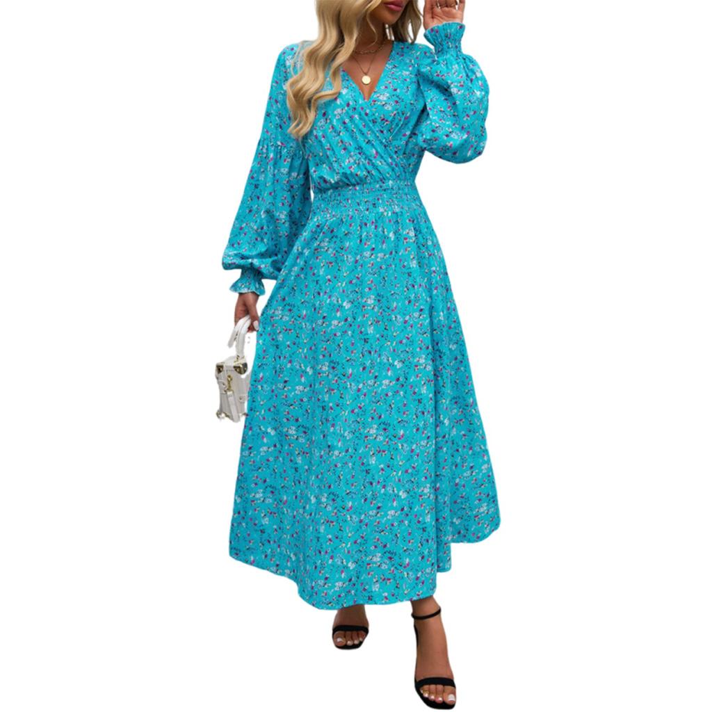 Женское платье повседневное с V-образным вырезом и высокой талией, с винтажным цветочным принтом и длинными рукавами