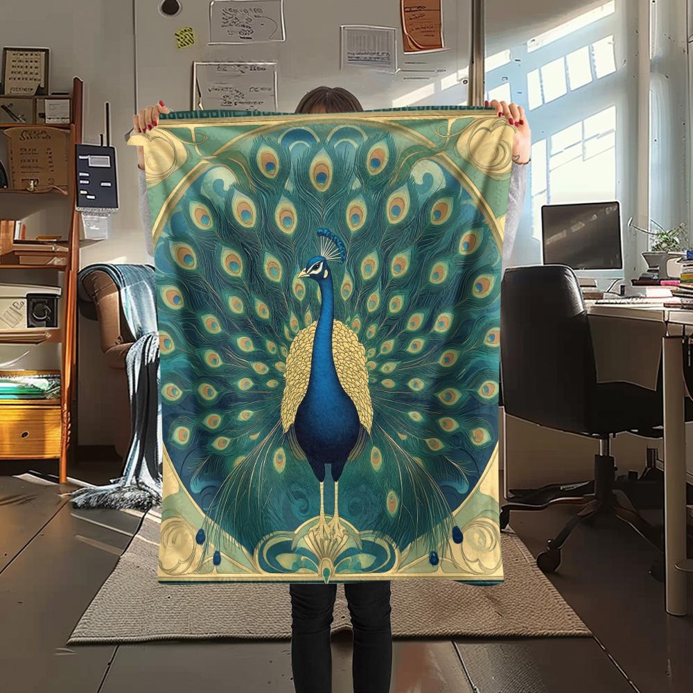 Peacock with Fanned Tail Print Flannel Blanket, High quality Comfortable for All Seasons, Home Decor, Warmth and Comfort
