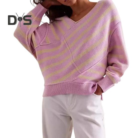 Женский свитер с длинным рукавом, полосатый, цветной, трикотажный свитер с V-образным вырезом, свободный пуловер, джемпер, топы, повседневная одежда