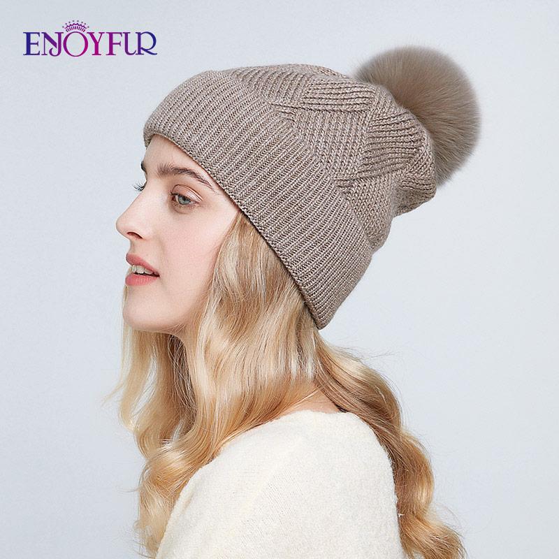 Мягкие зимние шапки ENJOYFUR для женщин, шапка с помпоном из натурального меха, теплые шерстяные шапки с напуском для женщин, модные женские шапки Skullies