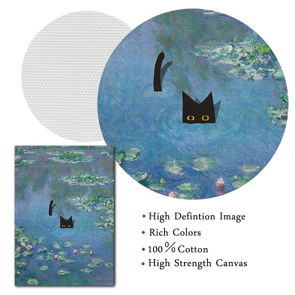 Cat Bathing In The Pond Of Water Lillies Abstract Landscape Wall Art Monet Canvas Painting Poster Print Picture Room Home Decor