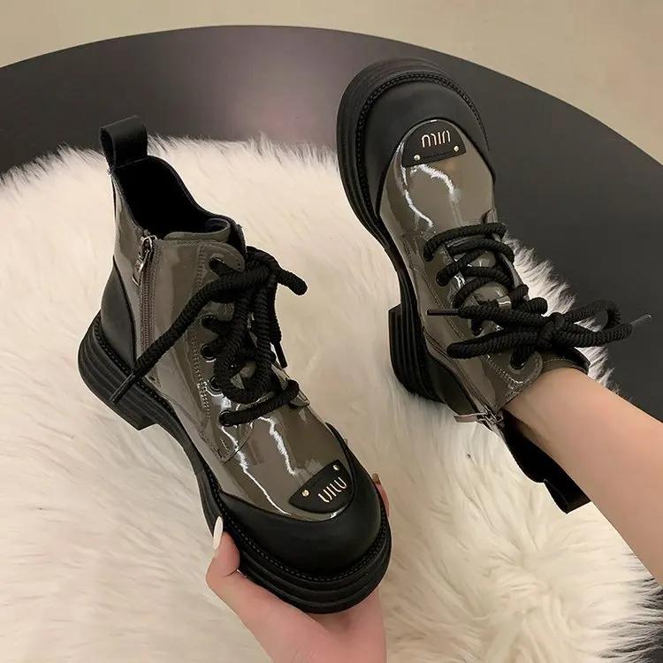 Ботильоны женские 2024 новые женские ботинки зимние туфли с круглым носком на шнуровке женские дизайнерские рыцарские ботинки на платформе женская обувь