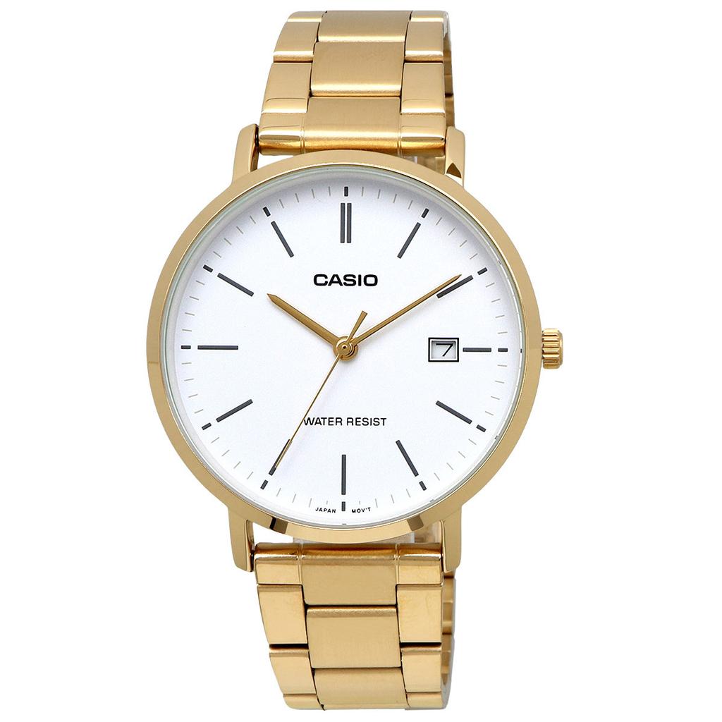 Casio Кварцевые унисекс часы 37 мм, золотой x белый ремешок из нержавеющей стали, MTP-VT05G-7E