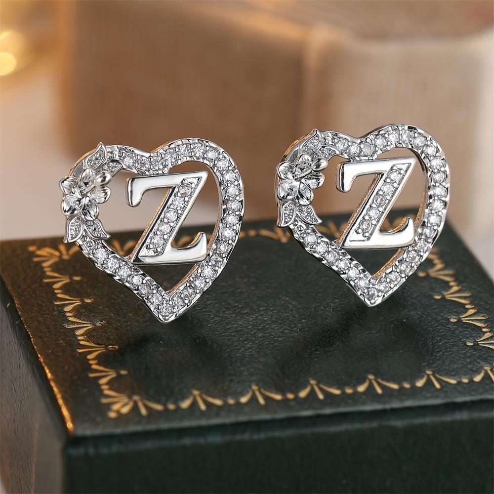 White Zircon Vintage Hollow Love Heart Letters Stud Earrings For Women Silver Color Wedding Jewelry Earring Valentine's Day Gift