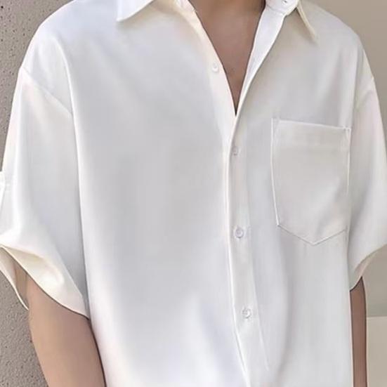Мужская летняя рубашка, сплошной цвет, пуговицы, лацкан, половина рукава, однобортный, свободный, нагрудный карман, запонка, мягкий дышащий, быстросохнущий повседневный деловой топ