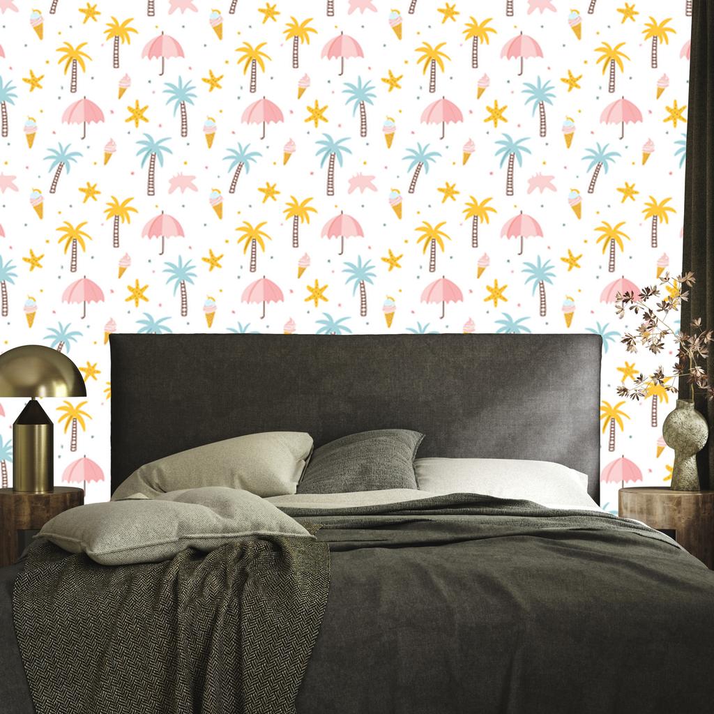 Summer wallpaper white, cream, coral and light gray 50x1000