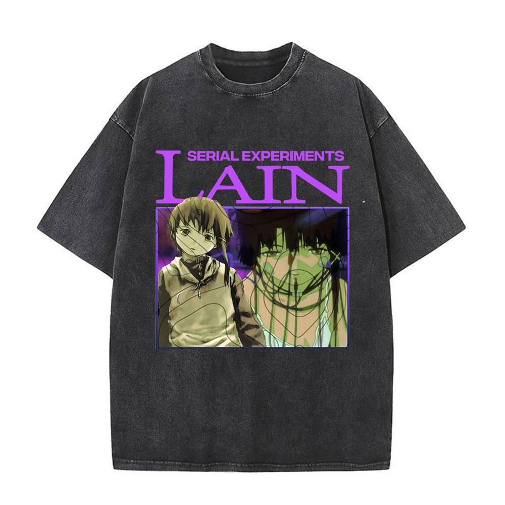 Serial Experiments Lain Anime Vintage Washed T-Shirt Manga Iwakura Girl Sci Fi Short Sleeve T-shirts 100% Cotton Casual T Shirt