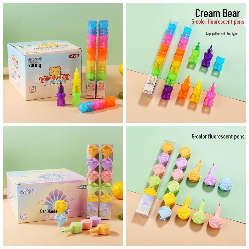 Fairy Shell Mini Highlighter Pens: 5 Colors, Bear Cartoon Design for Students