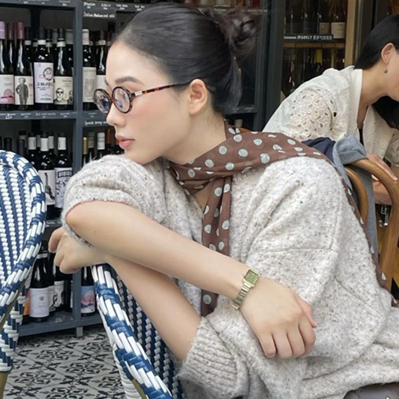 Новый шарф из коричневого шифона в горошек в стиле Инс, длинный шелковый шарф, многофункциональный аксессуар для шеи, женская повязка на голову, галстук, полотенце для волос