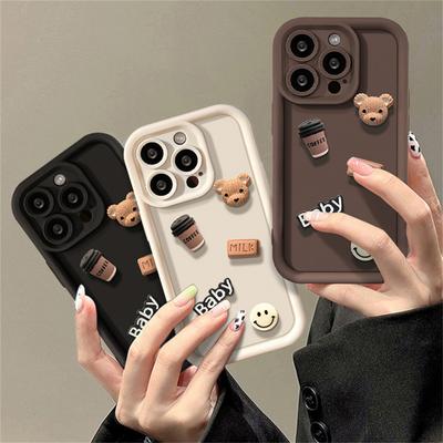 Корейский милый мультяшный 3D чехол для телефона с кофейным медведем для iPhone 15 14 13 12 11 Pro Max X XR однотонный силиконовый противоударный мягкий чехол