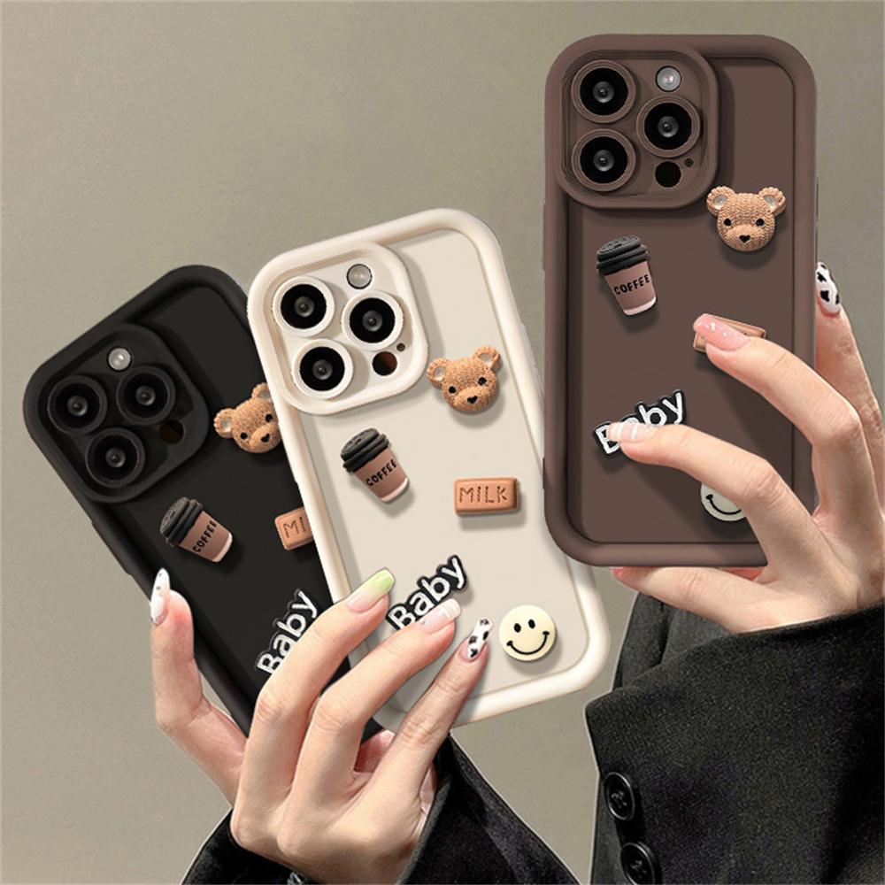 Korean Cute Cartoon 3D Coffee Bear Phone Case For iPhone 15 14 13 12 11 Pro Max X XR Soild Color Silicone Shockproof Soft Cover