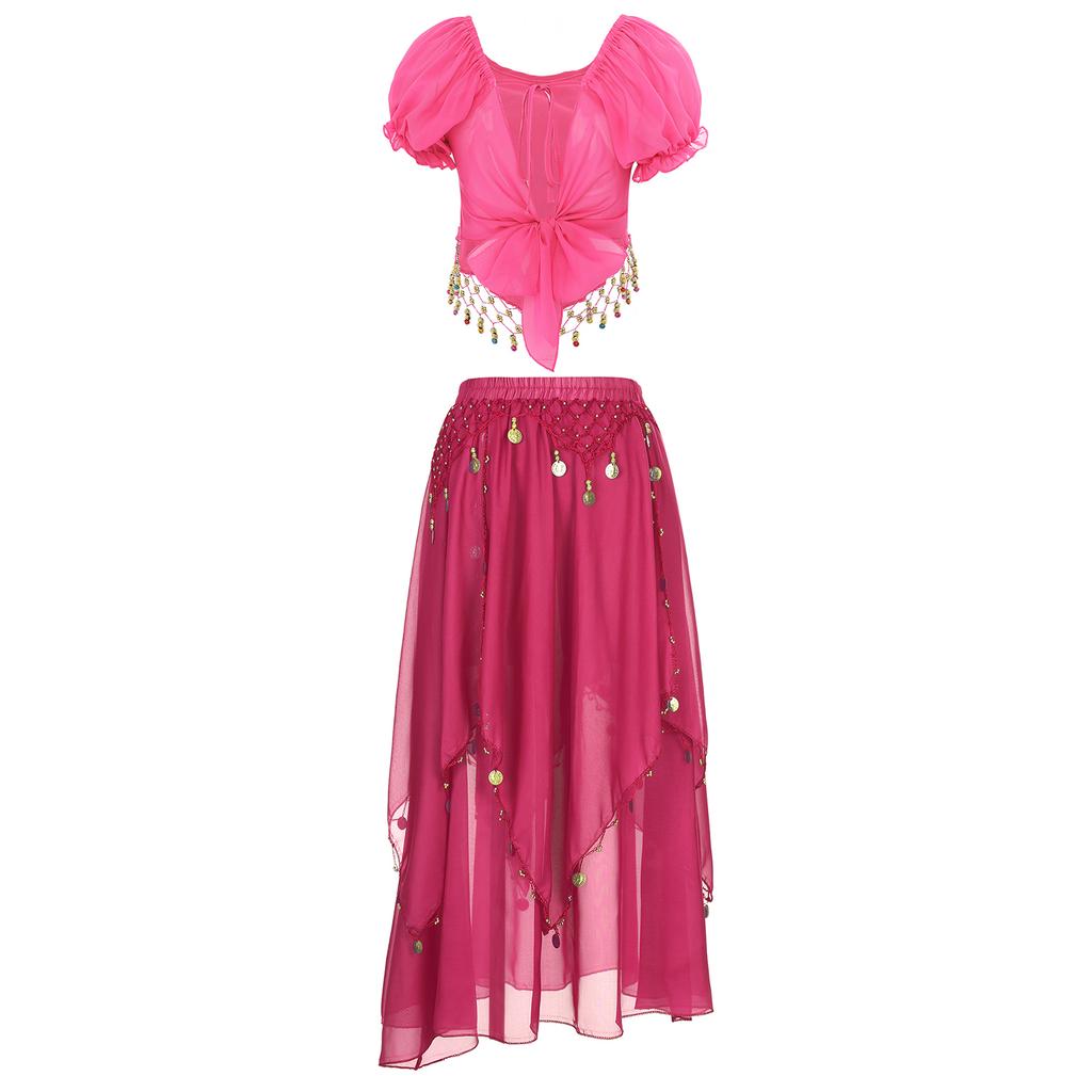 Женский комплект для танца живота с короткими рукавами-фонариками, расшитый пайетками, и юбка с неравномерным многоуровневым краем для сцены Хэллоуина