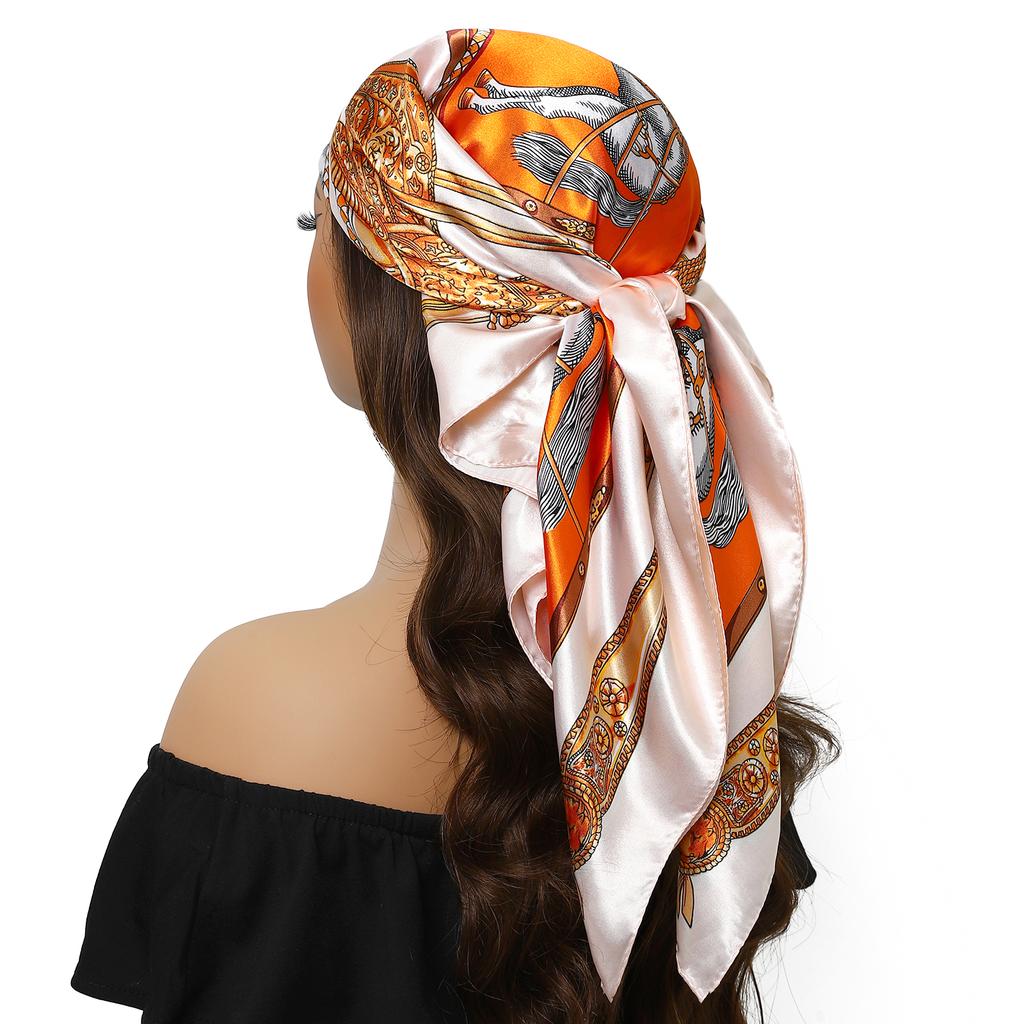 Luxury Brand Summer Kerchief Fashion Foulard Satin Headcloth 1 Piece of 35.4 Inches Square Shawls, Women Print 90X90CM Bandanna,