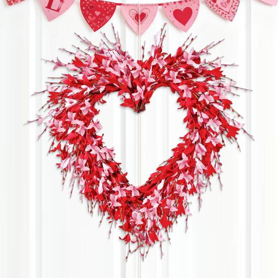 Holiday Wreath Heart Shape Indoor Outdoor Decorative Wreath with Festive Flowers Greenery Home Party Office
