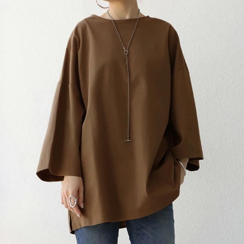 Women's 2024 Spring/Summer Solid Color Crew Neck Slit Long Sleeve Loose Top