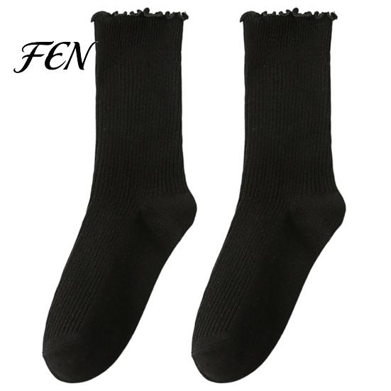 Student Campus Style Socks Women Ruffle Turn-Cuff Crew Socks, Breathable Combed Cotton Lettuce Edge Ankle Casual Hosiery for Girls, Soft Stretchy