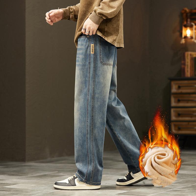 Winter Fleece Warm Jeans Men Loose Wide Leg Pants Elastic Waist Velvet Flocking Outdoors Trousers