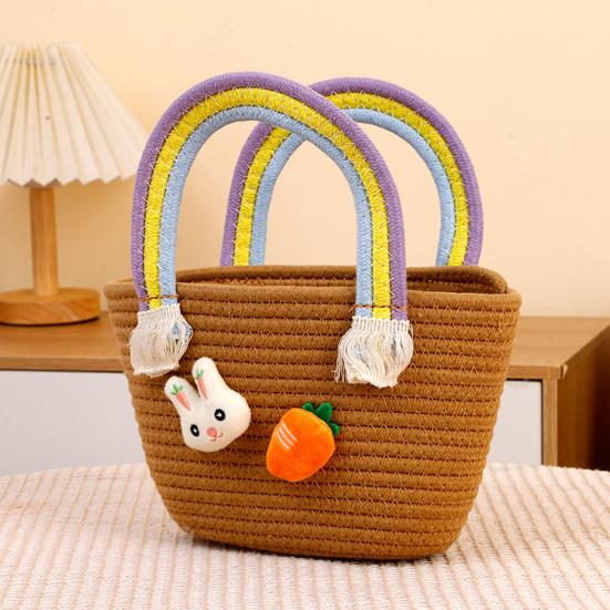 Easter Woven Basket with Handle Cotton Woven Bunny Egg Hunt Basket with Rabbit And Carrot Empty Easter Treat Bag for Gifts Candy