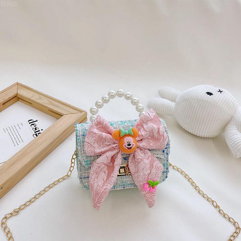 Fashionable Mini Children's Cotton And Linen Bag With Cute Rabbit And Pearl Accessories