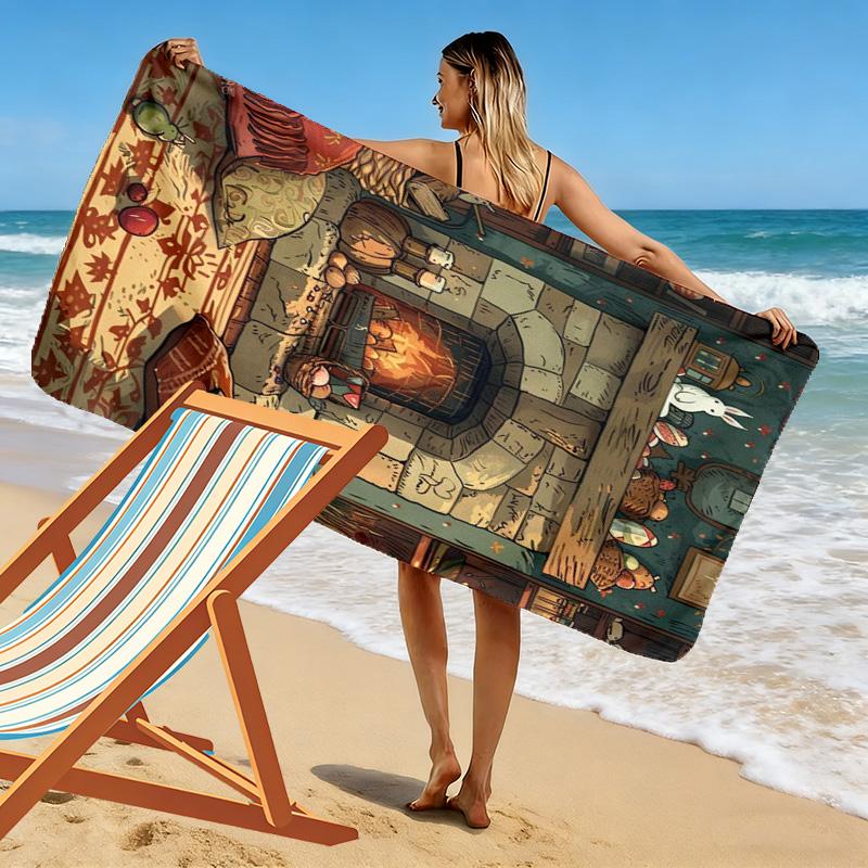 Cozy Fireplace 2D Flat Print Beach Towel, Large Soft Quick Dry Towel for Beach Camping SwimmingSSTJ0917527