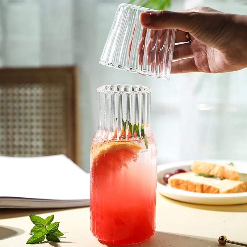 1Set Large-capacity Stripe Drinking Cup Juice Jug Set Glass Bottle Pitcher Transparent