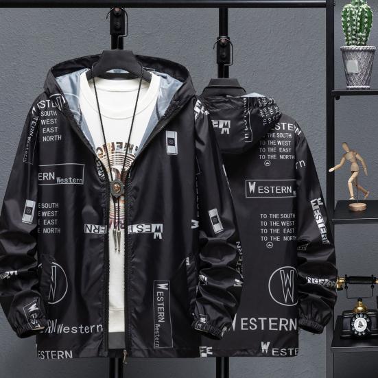 Men Sun Protection Coat Hooded Long Sleeve Pockets Zipper Placket Sun Protection Jacket Letter Print Quick Drying Fishing Outwear