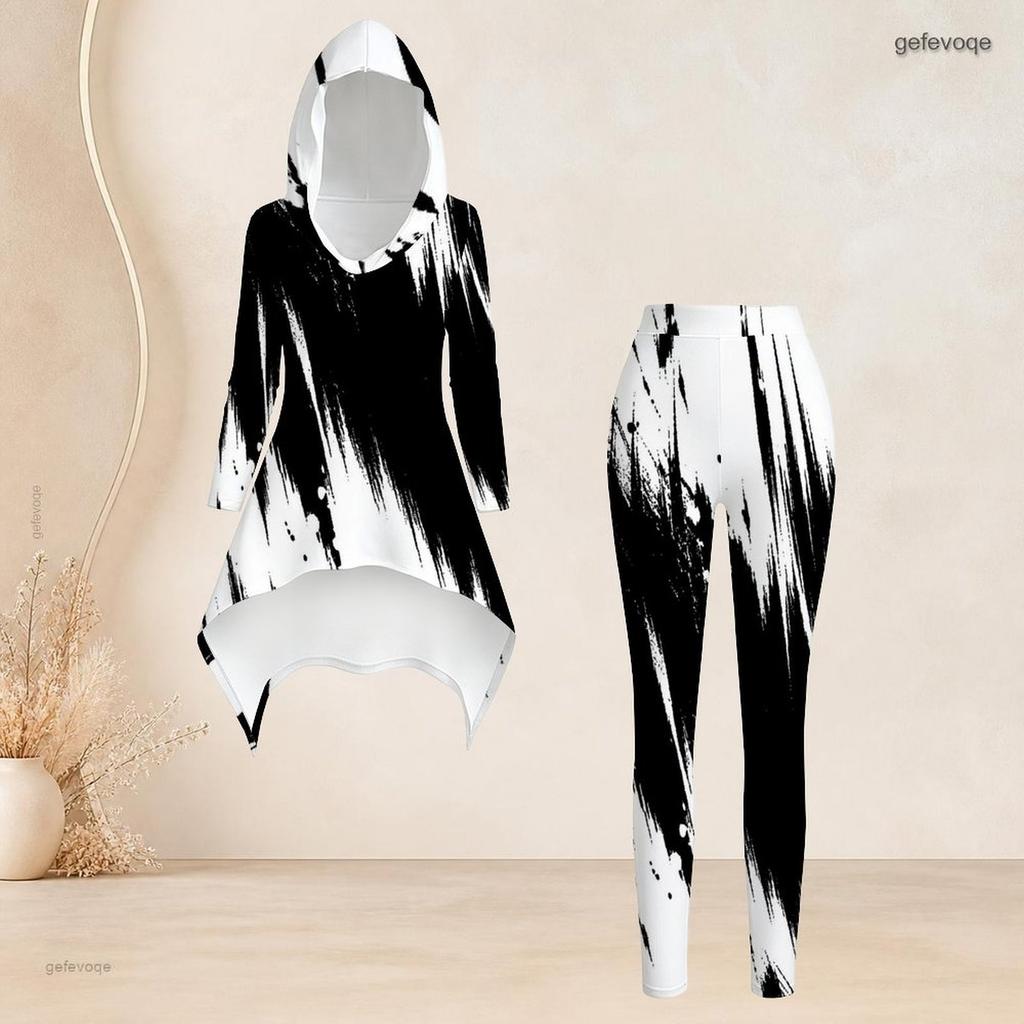 Women Plus Size Two Piece Set Black White Geometric Printed Hooded Long Sleeve High Low Top Fitted Pants