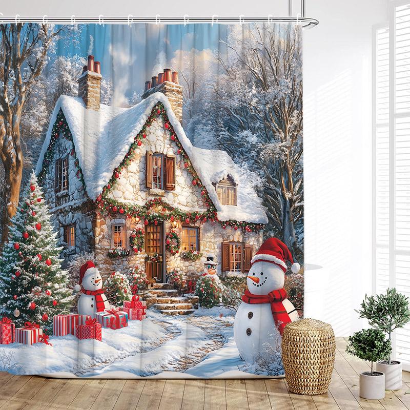 Cute Snowman Shower Curtain Winter Forest Pine Tree Snowflake New Year Christmas Bath Curtains Fabric Bathroom Decor With Hook