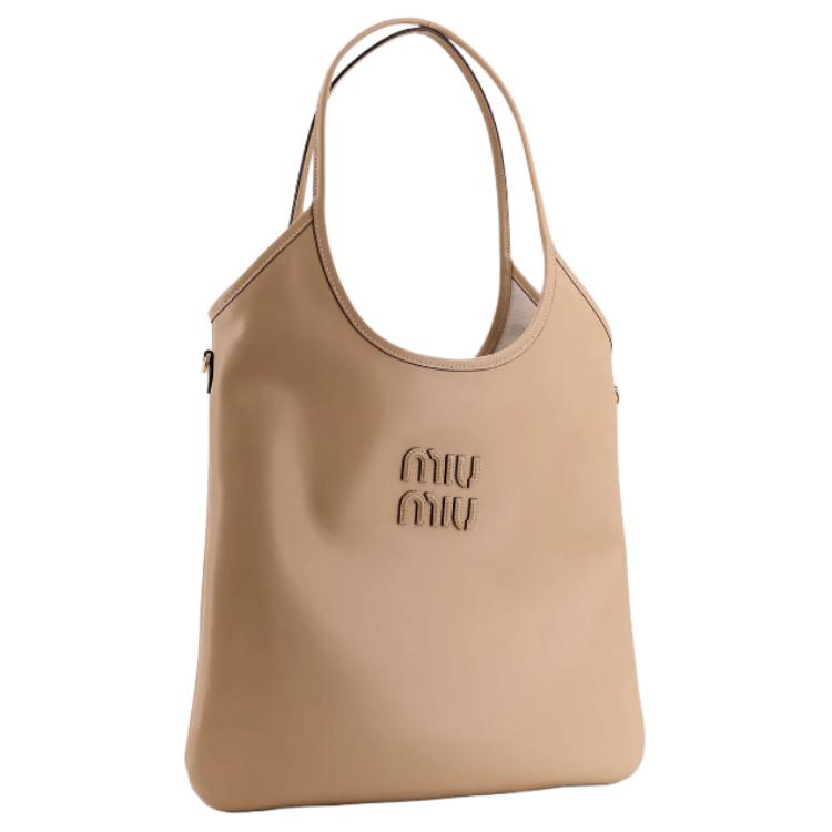 Miu Miu Front Logo Letter Patch Stitching Design Leather And Cotton Shoulder Bag Women shoulder bag Beige 5BG231_VMLN_2CRWF_0_036