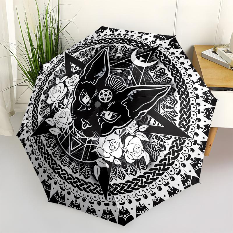 Mandala, Black Cat themed Eight rib Automatic Folding Umbrella Is Suitable for Both Men and Women, Making It A Perfect Christmas and Valenti
