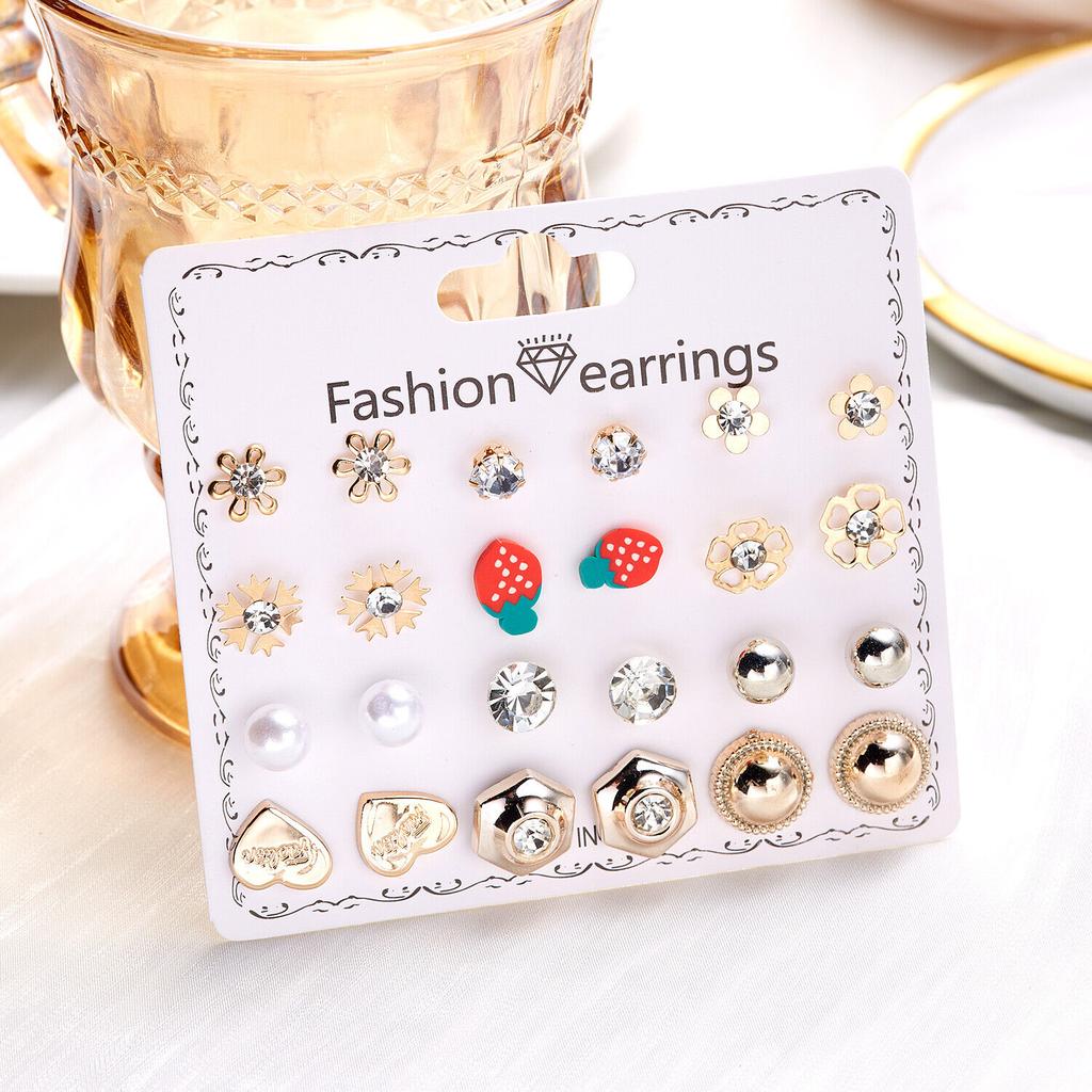 12 Pairs Earrings Set Stud Crystal Pearl Butterfly Flower Heart Women Jewelry