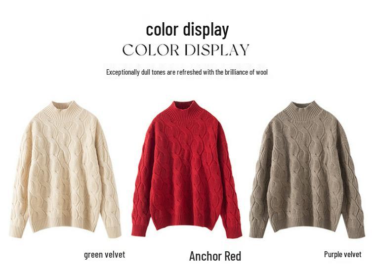 Women's Red 100% Pure Wool Lantern Sleeve Sweater with Half-High Collar and Twist Pattern - Loose Knit Pullover
