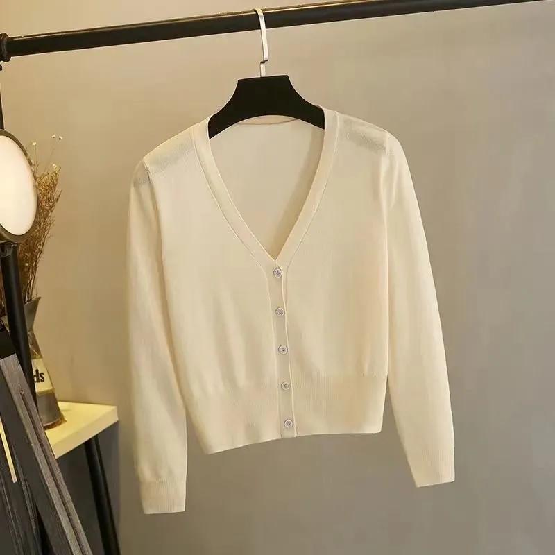 Женский весенне-летний солнцезащитный повседневный вязаный кардиган с V-образным вырезом, однобортный, с ажурной вязкой, тонкое пальто