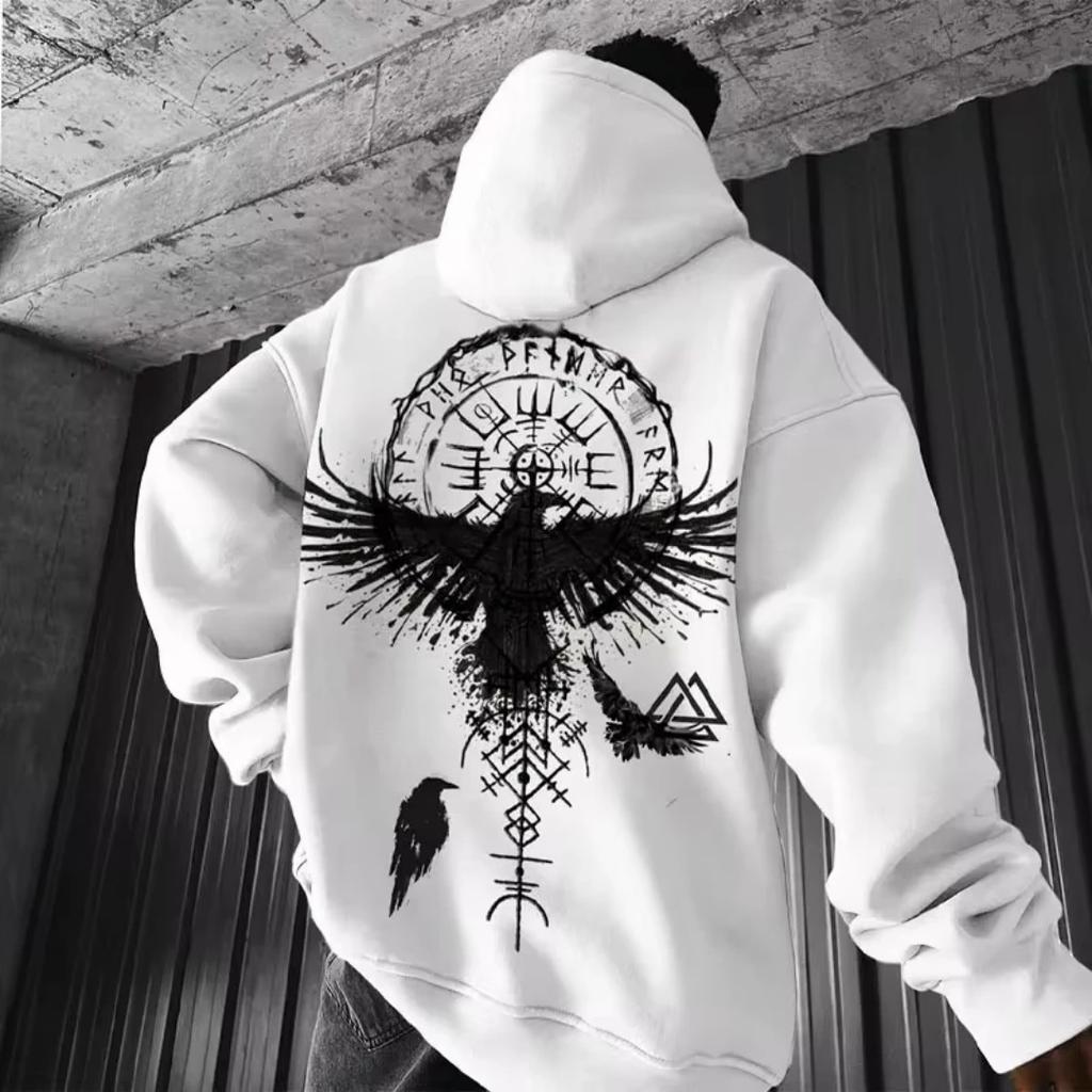 Men's Viking Totem Hooded Sweatshirt Cotton Loose Fit Eagle Pattern Sporty Fashionable Casual Hoodie moto