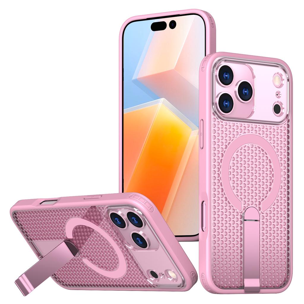 For iPhone 17 Pro Max Magnetic Case Kickstand Grid Texture TPU PC Phone Back Cover