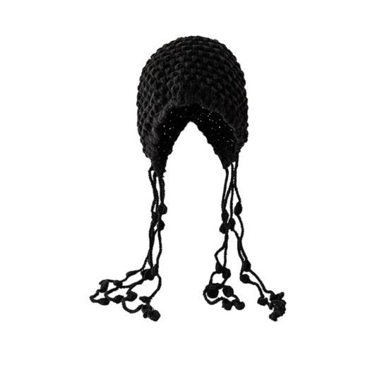 Women Crochet Slouchy Skull Cap with Tassel Handwoven Textured Knit Hat Ethnic Style Fringed Hat for Autumn Winter