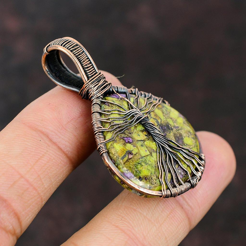 Подвеска с самоцветом стихтитом Древо Жизни, обмотанная медной проволокой, Медная проволочная подвеска, Медные проволочные украшения, Подарок для него, Подвеска ручной работы, Украшения Древо Жизни