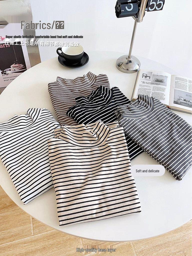 Женский полосатый велюровый пуловер со средней горловиной - Осенне-зимняя теплая приталенная рубашка с длинным рукавом