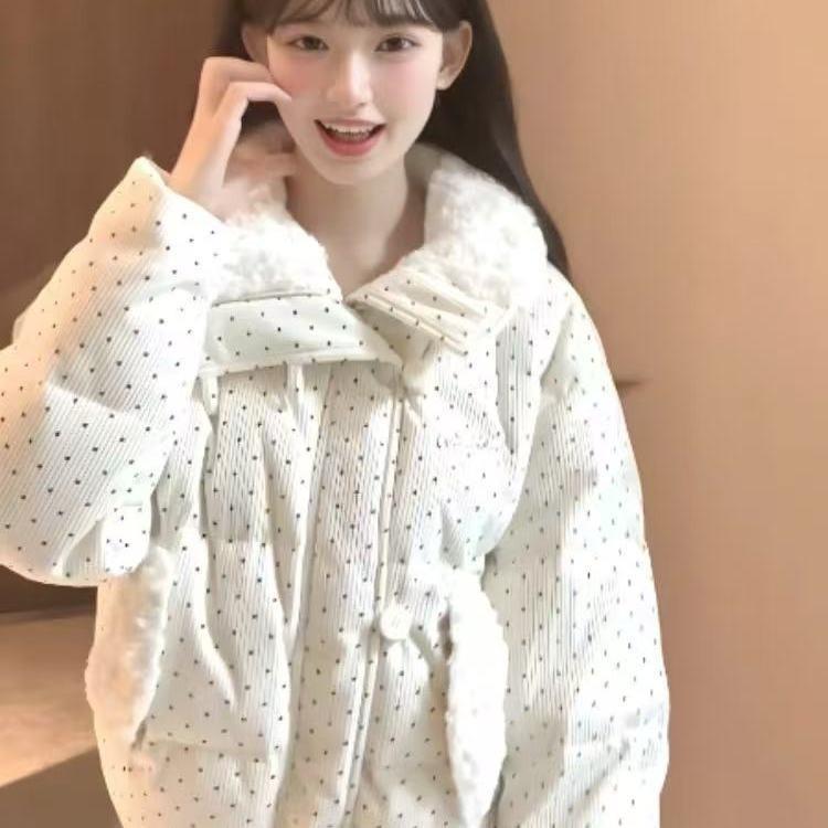 Корейский стиль хлопковая куртка в горошек с зимним милым и толстым свободным коротким пальто