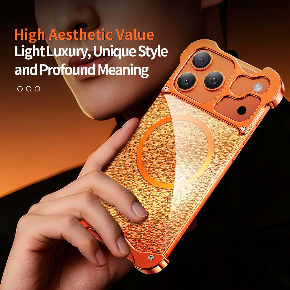 Безрамочный чехол для iPhone 17 Pro Max, совместимый с MagSafe, с позолоченным узором «Броня», задняя крышка из алюминиевого сплава и поликарбоната