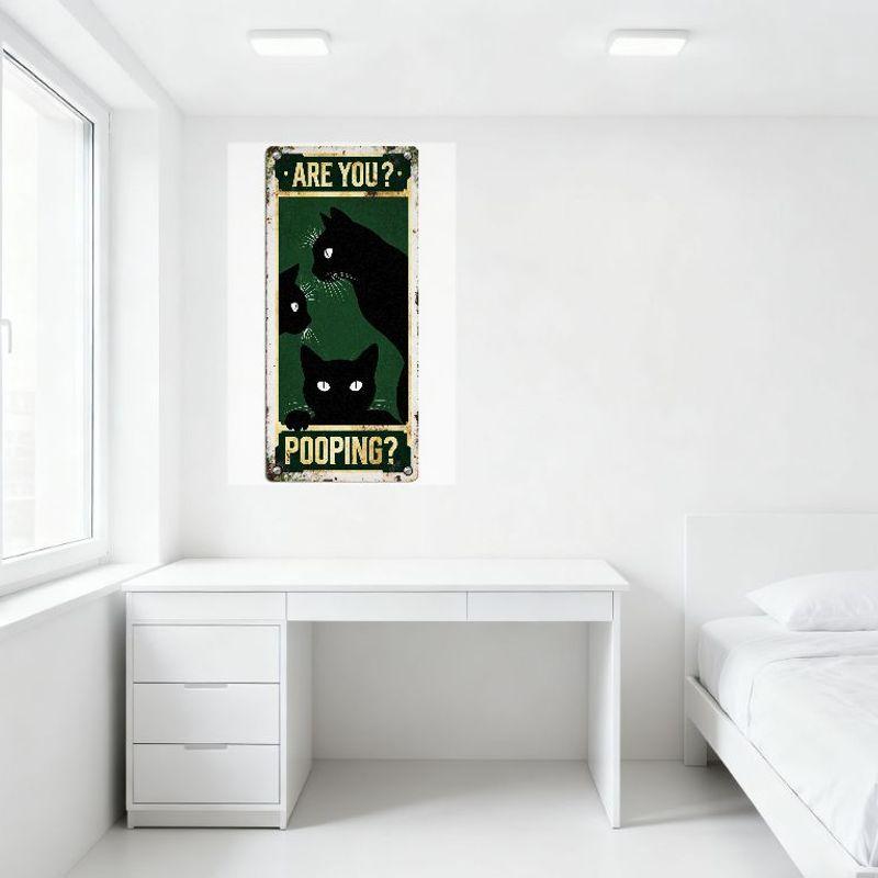 Vintage Rectangular Metal Tin Sign, Green Background Black Cat Silhouettes, Yellow Text 'ARE YOU? POOPING?' Rustic Rusted Look f