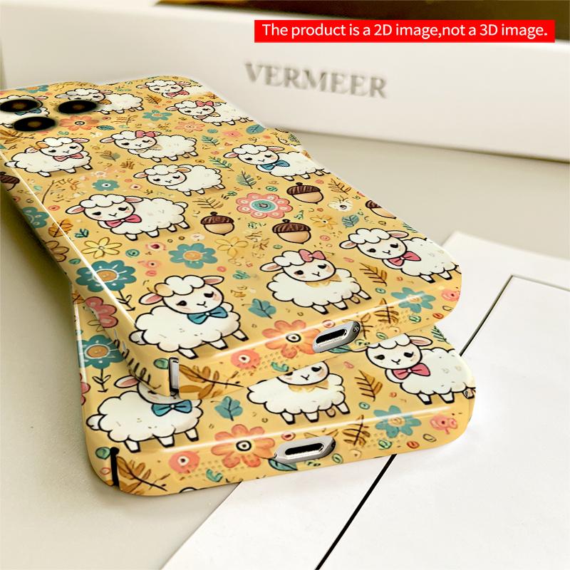 2DFlat Cute Sheep and Flower Pattern Phone Case All inclusive film hard iPhone case, compatible with iPhone 18 Pro Max 17 16 15 14 13 12 11